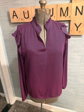 J. Crew Purple Micro-Pattern Ruffle-Neck Long Sleeve Blouse